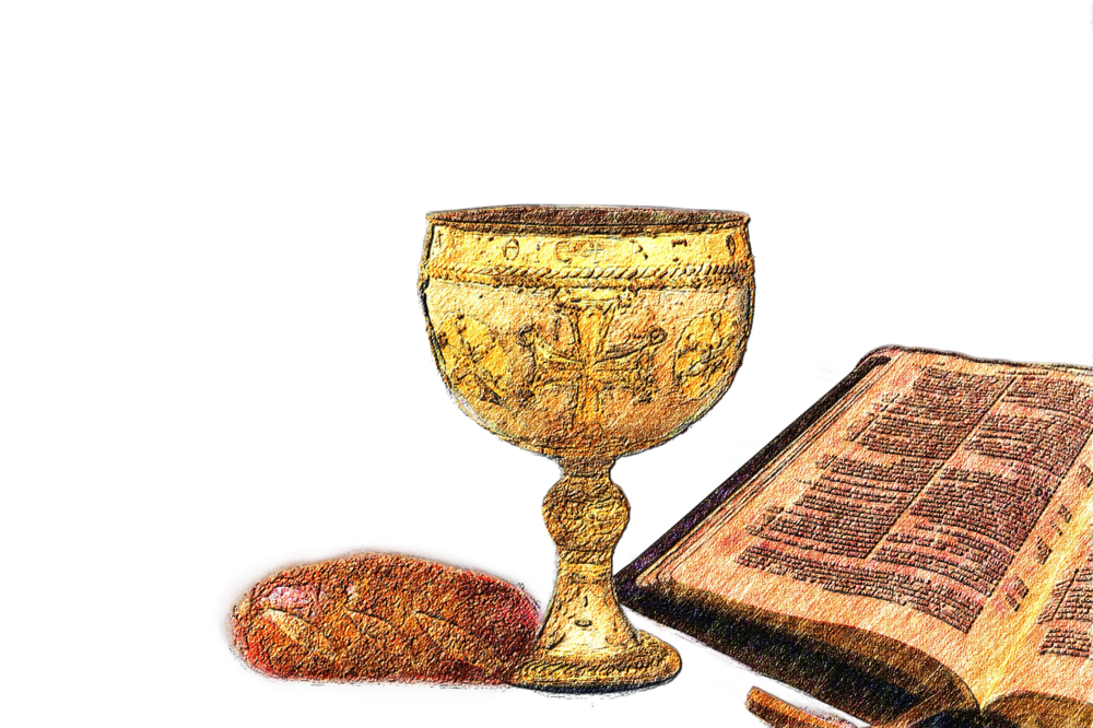Symbolbild mit Brot, Kelch und Bibel für die Gründonnerstagunterlage